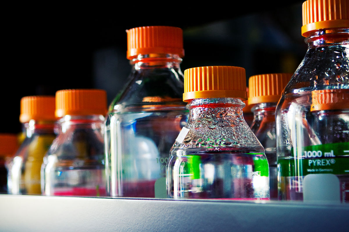 Close-up of laboratory bottles with colorful liquid