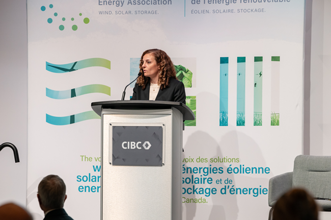Woman with light brown curly hair standing at a podium giving a talk